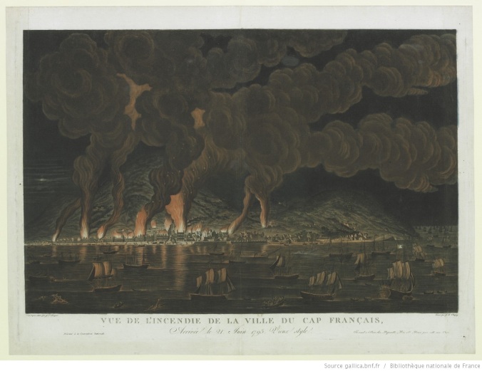 Vue de l'incendie de la ville du Cap Français, Arrivée le 21 Juin 1793. Vieux style : [estampe] / Peint d'après nature par J.L. Boquet ; Gravé par J.B. Chapuy 